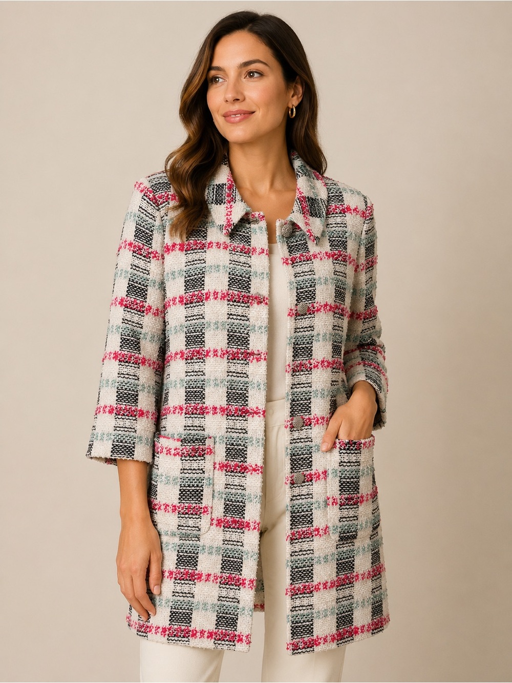 Vintage Inspired Tweed Plaid Jacket Oversized Chic Statement Piece ST John 18 - Picture 2 of 8